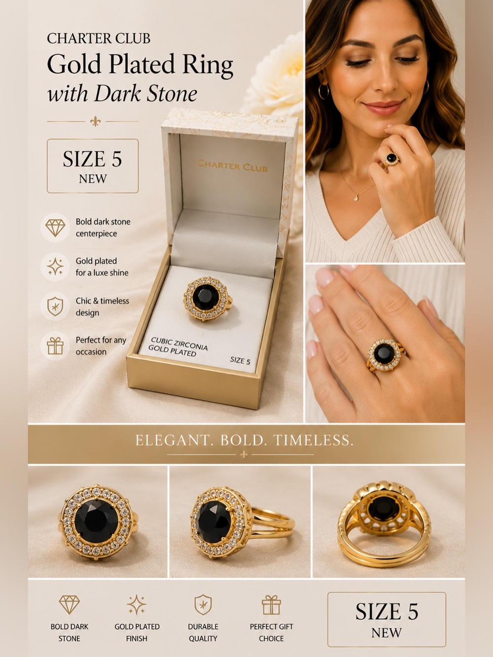 Charter Club Gold Plated Ring with Dark Stone size 5 NEW